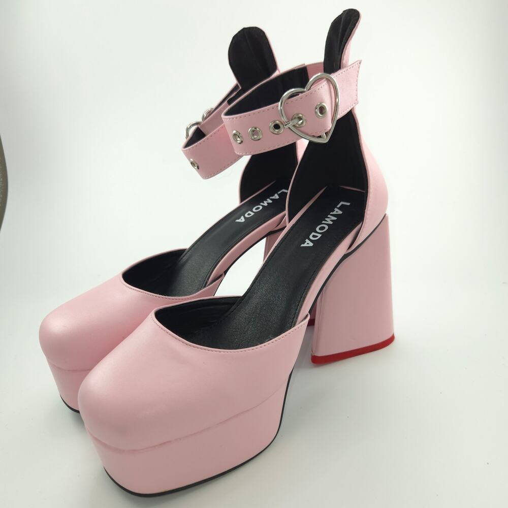 Lamoda Meet Again Platform Heels Women's Size 8 Pink Block Heel Silver Heart